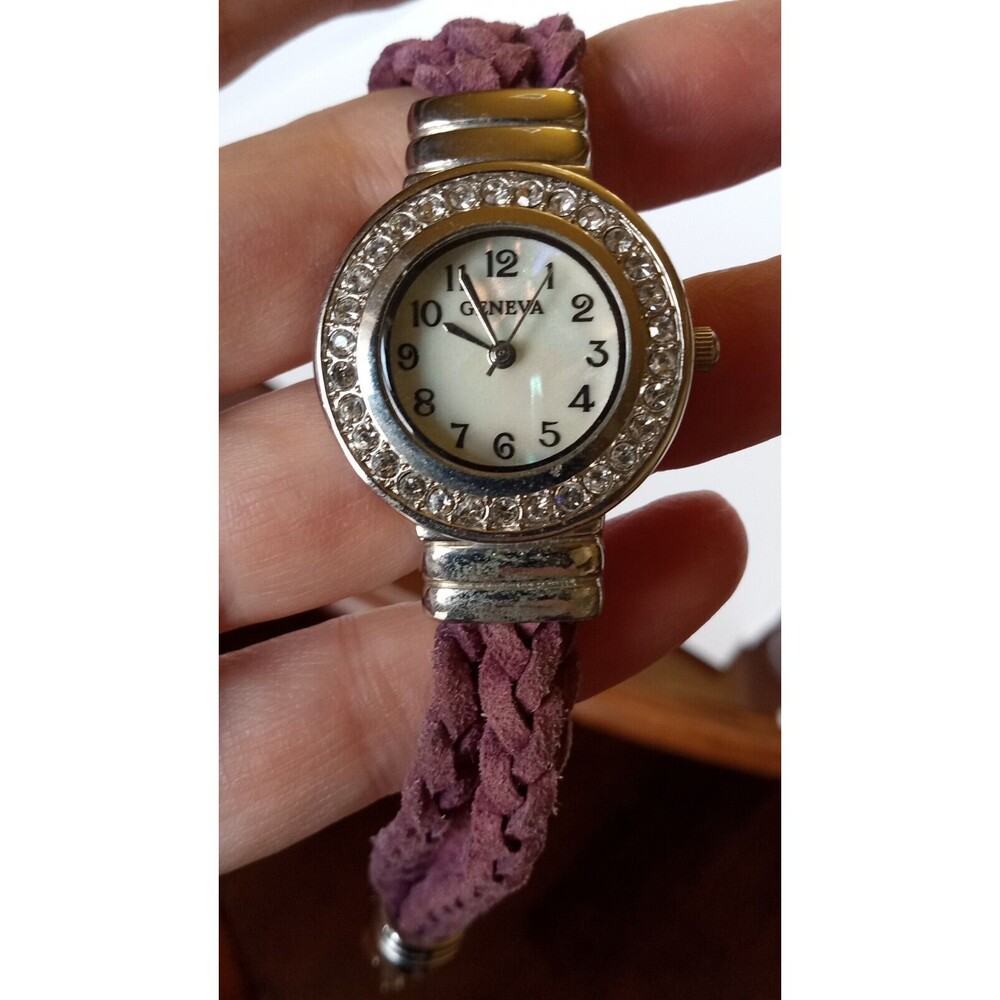 Geneva Ladies Purple Braided Leather Quartz Watch Working New Battery